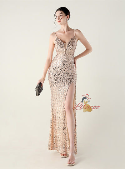 Spaghetti Straps Sequins Split Prom Dress