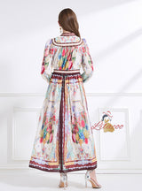 Vintage Palace V-neck Lantern Sleeve Printed Long Dress