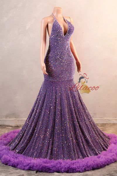 Purple Mermaid Sequins V-neck Prom Dress