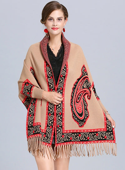 Jacquard Fringed Knitted Shawl Cloak