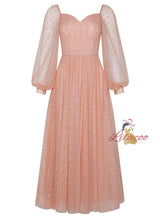 Pink Tulle Sequins Long Sleeve Prom Dress