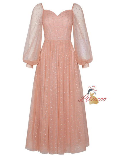 Pink Tulle Sequins Long Sleeve Prom Dress