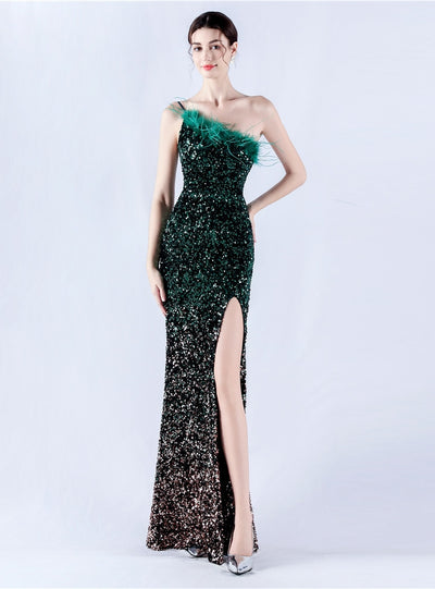 One Shoulder Sequins Feather Prom Dress