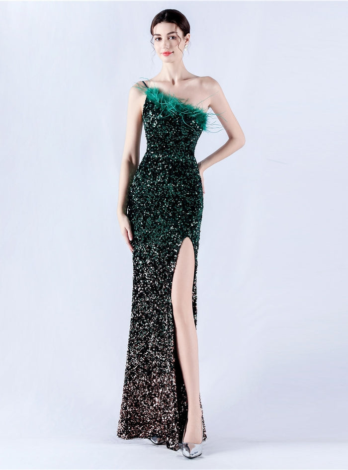 One Shoulder Sequins Feather Prom Dress