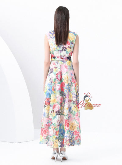 Sleeveless Lace Floral Print Long Dress