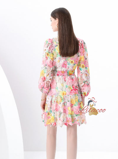 Retro Single-breasted Printed Short Dress