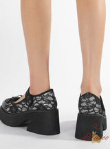 Waterproof Flower Lace Stitching Thick Heel Shoes