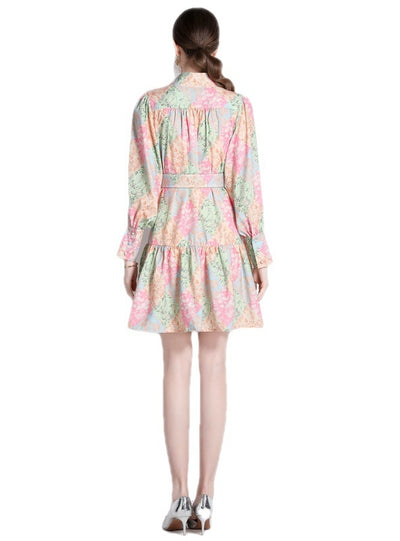 Stitching Printed Long Sleeve Slim Retro Dress