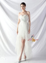 Hi Lo Tulle Strapless Sequins Prom Dress