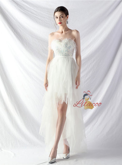 Hi Lo Tulle Strapless Sequins Prom Dress