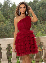 One Shoulder Tulle Tiers Short Party Dress