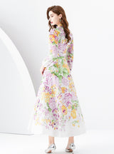 Retro Palace Lantern Sleeve Printed Long Dress
