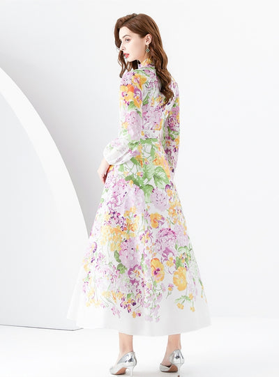Retro Palace Lantern Sleeve Printed Long Dress