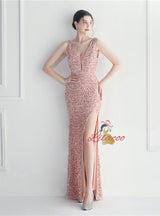 V-neck Sequins Split Prom Dress