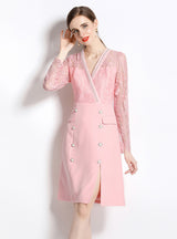 Pink V-neck Lace Long Sleeve Dress