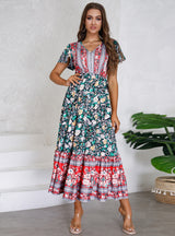 V-neck Lotus Leaf Sleeve Floral Print Long Dress