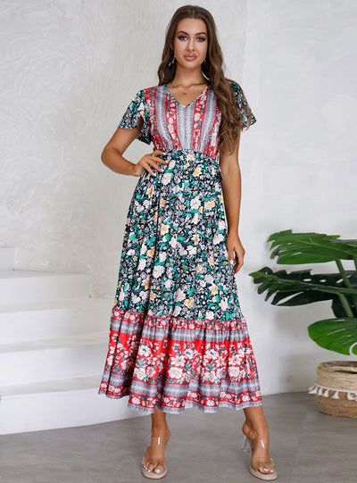V-neck Lotus Leaf Sleeve Floral Print Long Dress