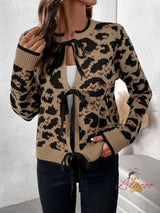 Leopard Bow Tie Knitted Long Sleeve Sweater