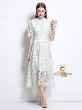 Women Flower Short Sleeve Lace Dress