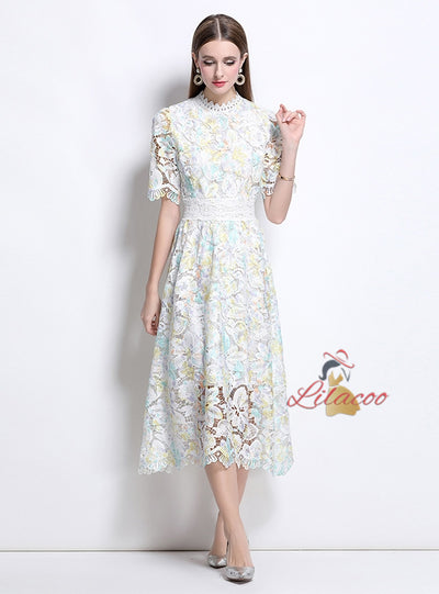 Women Flower Short Sleeve Lace Dress