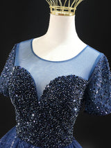 Navy Blue Sequins Short Sleeve Homecoming Dress