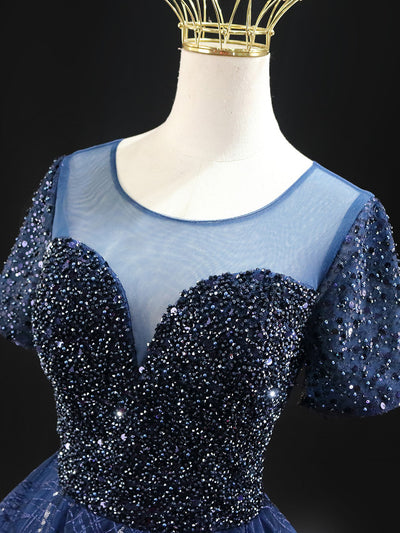 Navy Blue Sequins Short Sleeve Homecoming Dress