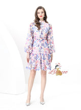 Retro Lace Long Sleeve Mini Print Dress