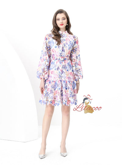 Retro Lace Long Sleeve Mini Print Dress