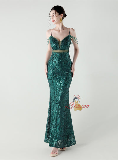 Spaghetti Straps Beading Sequins Prom Dress