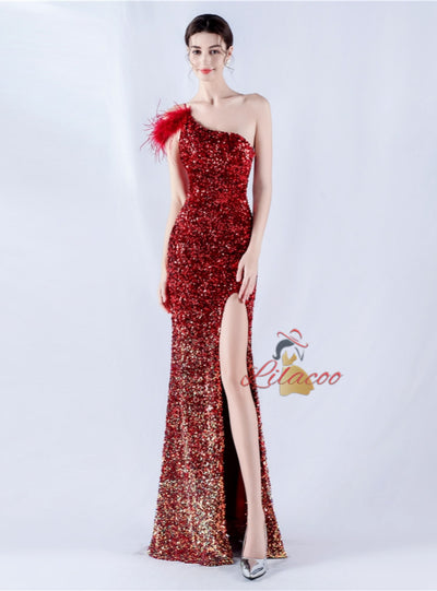 Sequins One Shoulder Split Prom Dress