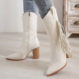 Pointed Embroidered Tassels White Boots