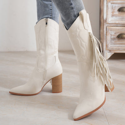 Pointed Embroidered Tassels White Boots
