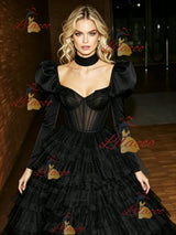 Black Tulle Long Sleeve Prom Dress
