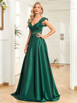 Green Satin V-neck Lace Prom Dress