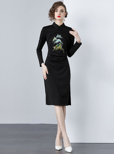 Beaded Tassel Landscape Embroidery Slim Dress