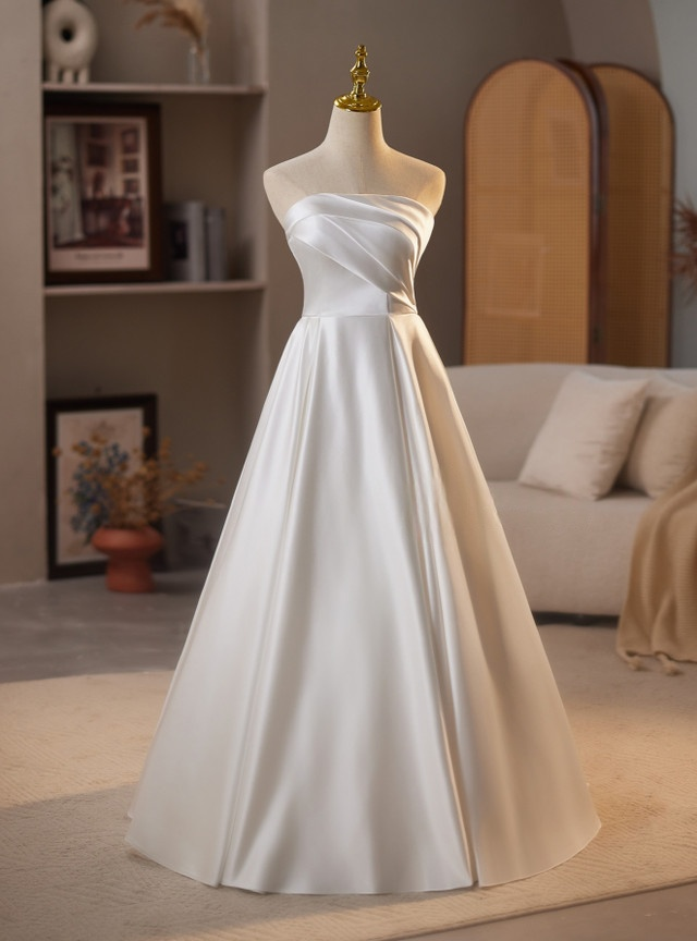 A-Line White Satin Pleats Wedding Dress