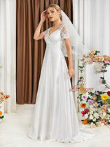 White Short Sleeve Lace Bridas Dress