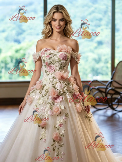 Ivory Tulle Off the Shoulder Appliques Wedding Dress