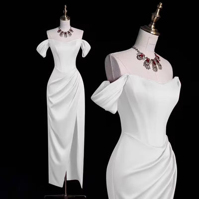 Simple White Satin Pleats Wedding Dress