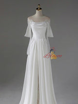 White Satin Lace Pleats Wedding Dress