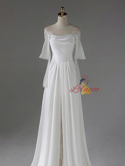 White Satin Lace Pleats Wedding Dress