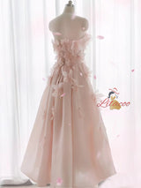 Pink Tulle Strapless 3D Flower Prom Dress