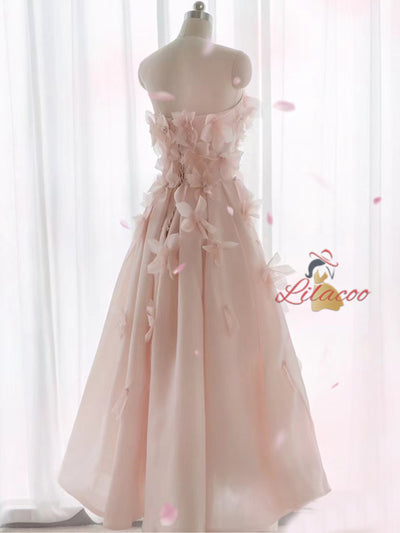 Pink Tulle Strapless 3D Flower Prom Dress