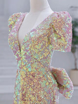 Pink Mermaid V-neck Short Sleeve Prom Dress