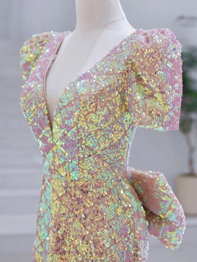 Pink Mermaid V-neck Short Sleeve Prom Dress