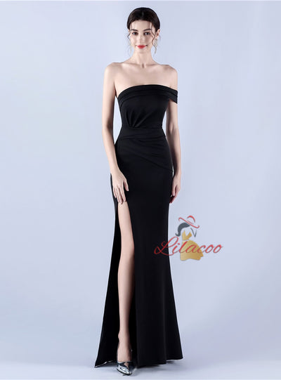 One Shoulder Pleats Split Prom Dress