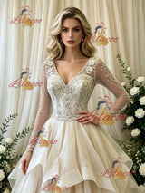 Ivory Long Sleeve V-neck Beading Weding Dress