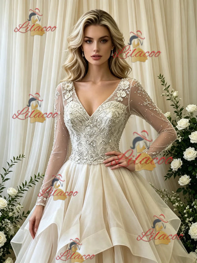 Ivory Long Sleeve V-neck Beading Weding Dress