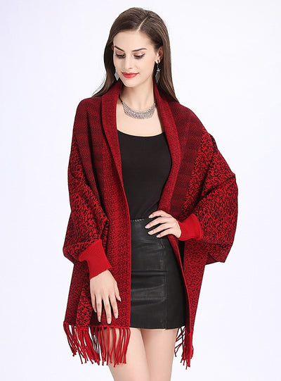 Leopard Tassel Knitted Cardigan Shawl