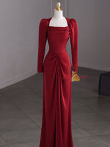 Burgundy Long Sleeve Satin Pleats Prom Dress